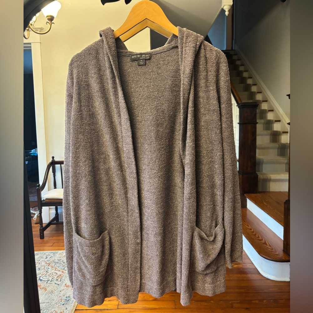 Barefoot Dreams Hooded Open Cardigan - Heathered Brown